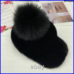 Adjustable Mink Baseball Caps Fox Fur Pompom Hats Women Winter Headwear 1pc Set