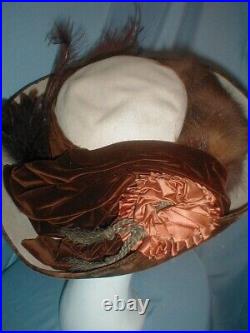 Amazing Antique Hat Edwardian Beige Felt Fur and Brown Velvet Trim Wide Brim