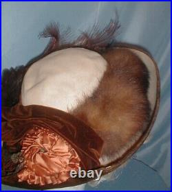 Amazing Antique Hat Edwardian Beige Felt Fur and Brown Velvet Trim Wide Brim