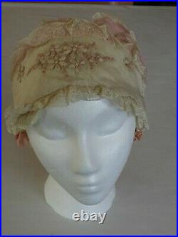 Antique 1800's White & Pink Cotton & Lace Cap/Bonnet/Hat