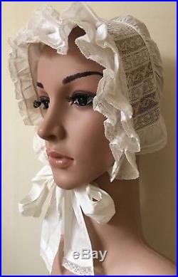 Antique 1800s Brides Bonnet Brimmed Linen Boudoir Cap Honiton Duchess Lace Hat