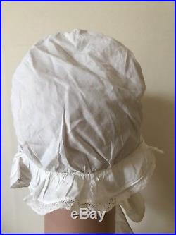 Antique 1800s Brides Bonnet Brimmed Linen Boudoir Cap Honiton Duchess Lace Hat