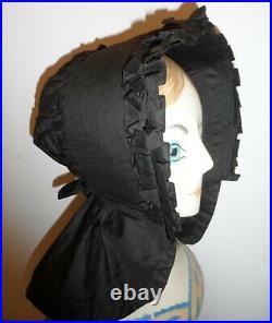 Antique 1800s Civil War Black Mourning Poke Bonnet Victorian Ruffle Trim Hat