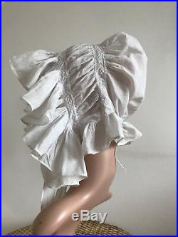 Antique 1800s Linen Bonnet Bridal Lace Hat Boudoir Cap Pristine Beauty