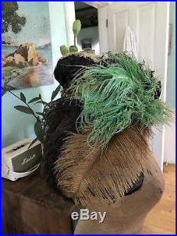 Antique 1800s Straw Hat Jet Beaded Trim Greenbrown HUGE Plumes Ornate