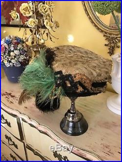 Antique 1800s Straw Hat Jet Beaded Trim Greenbrown HUGE Plumes Ornate