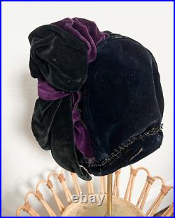Antique 1800s Victorian Black Purple Velvet Bonnet Hat with Beaded Trim