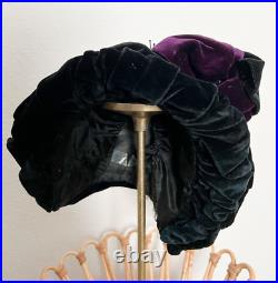 Antique 1800s Victorian Black Purple Velvet Bonnet Hat with Beaded Trim