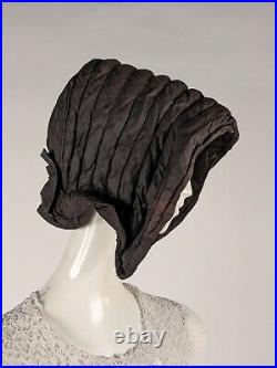 Antique 1840's Black Stuffed Silk Pumpkin Style Bonnet W Wood Caning