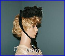 Antique 1870's 1880's Victorian Black Ostrich Feather Velvet Silk Hat Bonnet