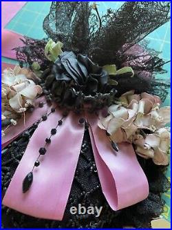 Antique 1880's-90's RESTORED Women's Bonnet Hat Black Velvet jet beads flowers