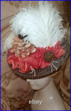 Antique 1880s VIctorian Tall Chimney Hat w Pink Flowers & Creamy Ostrich Plumes