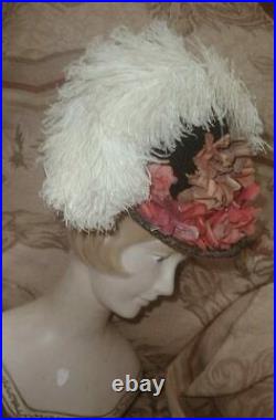 Antique 1880s VIctorian Tall Chimney Hat w Pink Flowers & Creamy Ostrich Plumes