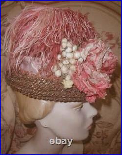 Antique 1880s Victorian Mauve Pink Hat w Flowers, Ostrich Plumes, Silk Berries VG