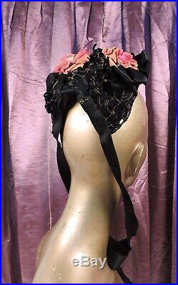 Antique 1880s Victorian Straw Bonnet Hat W Floral & Satin Ribbon Trims
