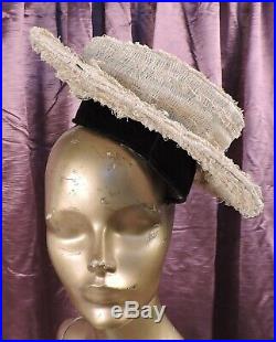 Antique 1890s Victorian White Straw Hat W Velvet Crown Insert
