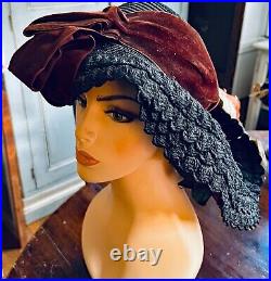 Antique 1900-15 Wide-Brim Straw Hat Flower Trimmed Ba Zia London XX573
