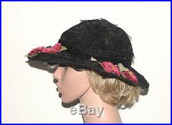 Antique 1900's 1910's Edwardian Wide Brim Silk Chiffon Lace Hat With Flowers