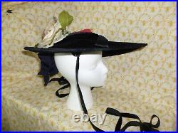 Antique 1900s Edwardian Hat Wide Brimmed Touring Hat Frances Vtg Silk Flowers