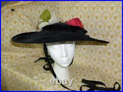 Antique 1900s Edwardian Hat Wide Brimmed Touring Hat Frances Vtg Silk Flowers