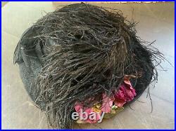 Antique 1900s Edwardian Hat w Woven Horsehair Pink Velvet Roses Ostrich Feathers