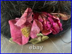 Antique 1900s Edwardian Hat w Woven Horsehair Pink Velvet Roses Ostrich Feathers