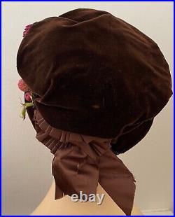 Antique 1900s Hand Made Brown Silk Velvet Hat with Fruit & Flowers YY449
