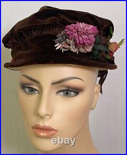 Antique 1900s Hand Made Brown Silk Velvet Hat with Fruit & Flowers YY449