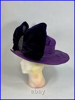 Antique 1910's Edwardian rare PURPLE silk hat with velvet bow & steelwork buckle