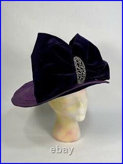 Antique 1910's Edwardian rare PURPLE silk hat with velvet bow & steelwork buckle