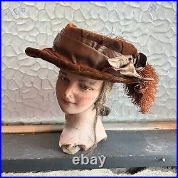 Antique 1910s Edwardian Brown Velvet Ostrich Feather Platter Hat Gibson Girl