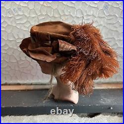 Antique 1910s Edwardian Brown Velvet Ostrich Feather Platter Hat Gibson Girl