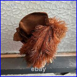 Antique 1910s Edwardian Brown Velvet Ostrich Feather Platter Hat Gibson Girl