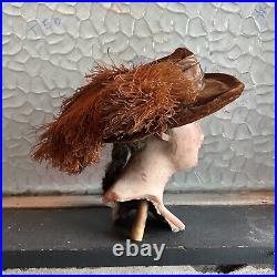 Antique 1910s Edwardian Brown Velvet Ostrich Feather Platter Hat Gibson Girl