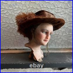 Antique 1910s Edwardian Brown Velvet Ostrich Feather Platter Hat Gibson Girl