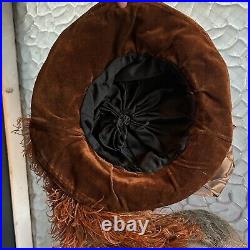 Antique 1910s Edwardian Brown Velvet Ostrich Feather Platter Hat Gibson Girl