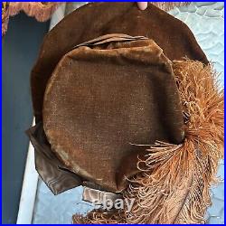 Antique 1910s Edwardian Brown Velvet Ostrich Feather Platter Hat Gibson Girl