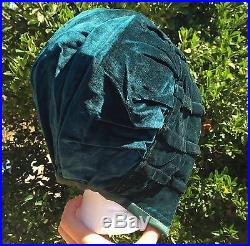 Antique 1910s Womens Winter Bonnet Hat Green Velvet Cap Satin Trim Lined Hood