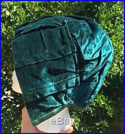 Antique 1910s Womens Winter Bonnet Hat Green Velvet Cap Satin Trim Lined Hood