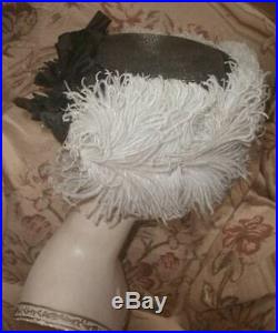 Antique 1912 Edwardian Hat w Huge Ostrich Plumes, Silk Bow, Brooch 6th Ave NY