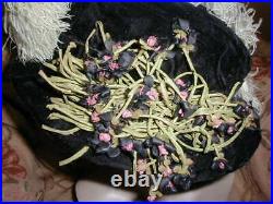Antique 1912 Edwardian Hat w Purple & Black Flowers & Cream Ostrich Plume, Velvet