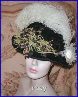 Antique 1912 Edwardian Hat w Purple & Black Flowers & Cream Ostrich Plume, Velvet