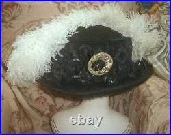Antique 1912 Edwardian WIDE BRIM Hat w Big Cream Ostrich Plumes, Buckle, Spangles