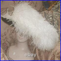 Antique 1912 Edwardian WIDE BRIM Hat w Big Cream Ostrich Plumes, Buckle, Spangles