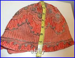 Antique 1920's Coral Flapper Cloche Hat Flapper Metallic Embroidery by Thelma