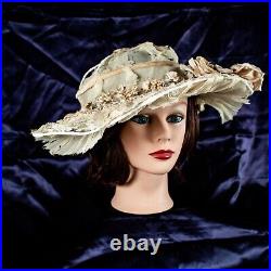 Antique 1920's Florence Lawrence Ivory Floral Women Silk Derby Hat Size M, 7 3/8