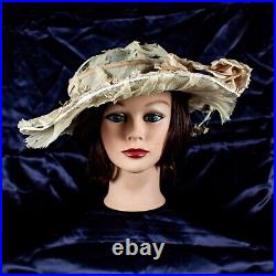 Antique 1920's Florence Lawrence Ivory Floral Women Silk Derby Hat Size M, 7 3/8