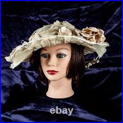 Antique 1920's Florence Lawrence Ivory Floral Women Silk Derby Hat Size M, 7 3/8