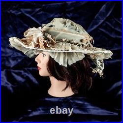 Antique 1920's Florence Lawrence Ivory Floral Women Silk Derby Hat Size M, 7 3/8