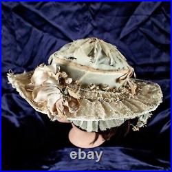 Antique 1920's Florence Lawrence Ivory Floral Women Silk Derby Hat Size M, 7 3/8